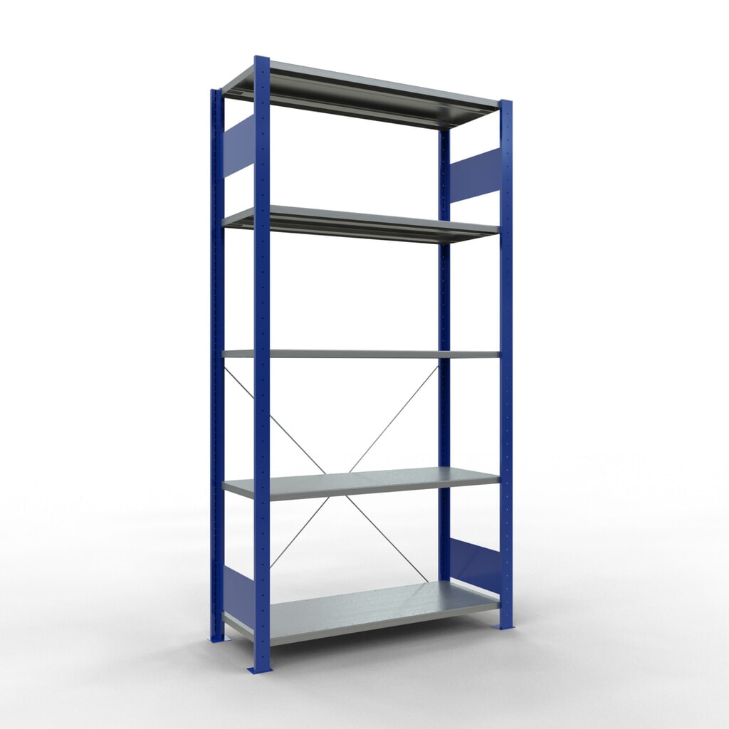 Immagine del prodotto: Scaffalatura a ripiani SCHULTE, blu genziana/zincato con 5 fondi in lamiera d'acciaio, portata per piano di 150 kg, AxLxP 2.000 x 1.060 x 436 mm