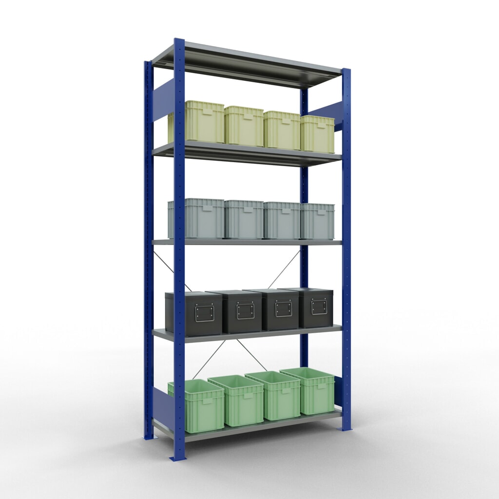 Scaffalatura a ripiani SCHULTE, blu genziana/zincato con 5 fondi in lamiera d'acciaio, portata per piano di 150 kg, AxLxP 2.000 x 1.060 x 436 mm Immagine del prodotto n. 4: Scaffalatura a ripiani SCHULTE, blu genziana/zincato con 5 fondi in lamiera d'acciaio, portata per piano di 150 kg, AxLxP 2.000 x 1.060 x 436 mm