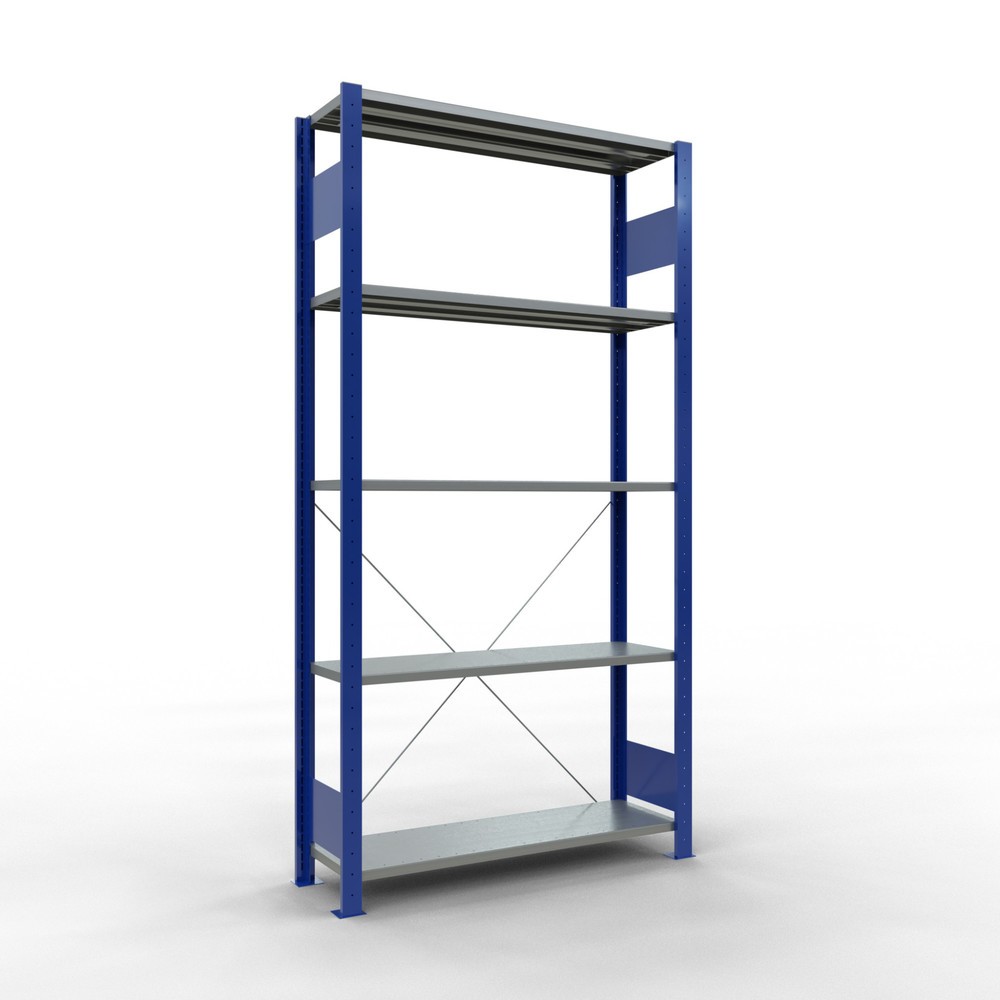 Immagine del prodotto: Scaffalatura a ripiani SCHULTE, blu genziana/zincato con 5 fondi in lamiera d'acciaio, portata per piano di 150 kg, AxLxP 2.000 x 1.060 x 336 mm
