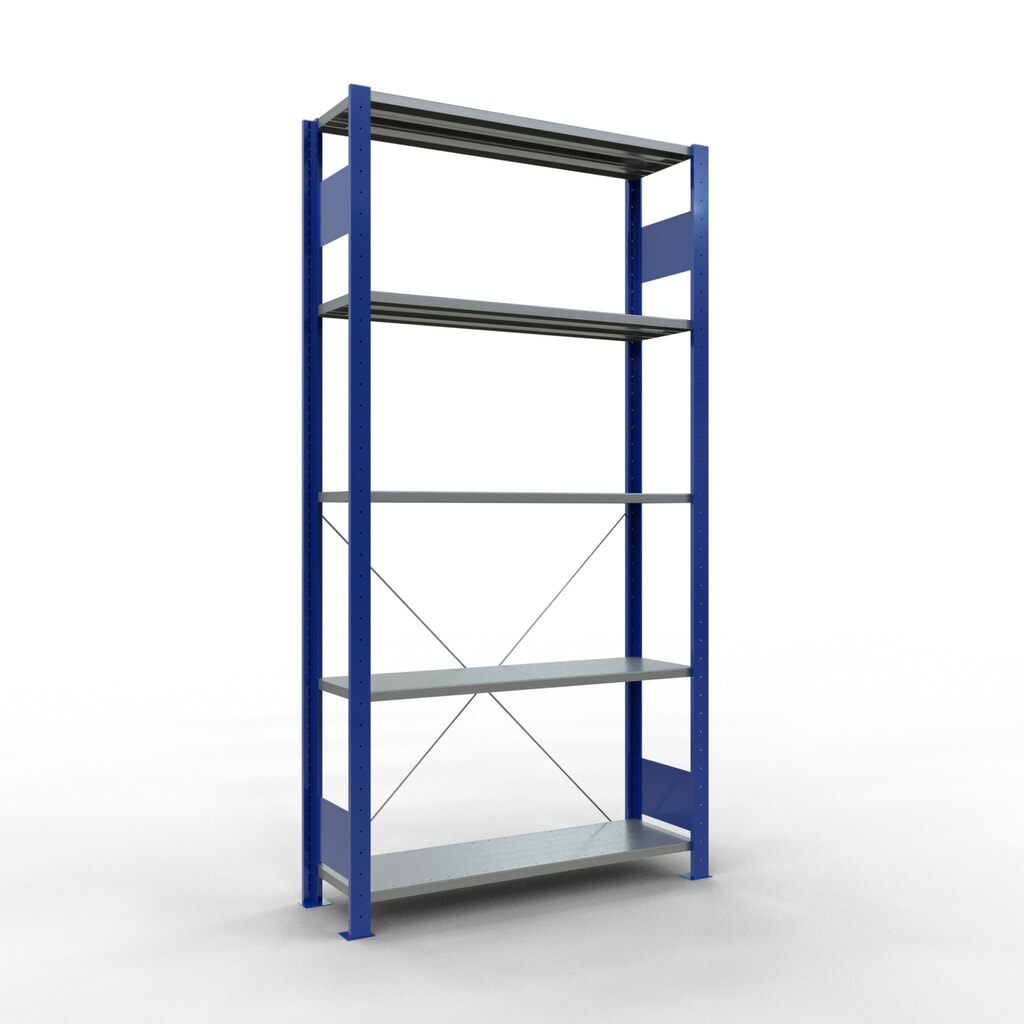 Scaffalatura a ripiani SCHULTE, blu genziana/zincato con 5 fondi in lamiera d'acciaio, portata per piano di 150 kg, AxLxP 2.000 x 1.060 x 336 mm Immagine del prodotto: Scaffalatura a ripiani SCHULTE, blu genziana/zincato con 5 fondi in lamiera d'acciaio, portata per piano di 150 kg, AxLxP 2.000 x 1.060 x 336 mm