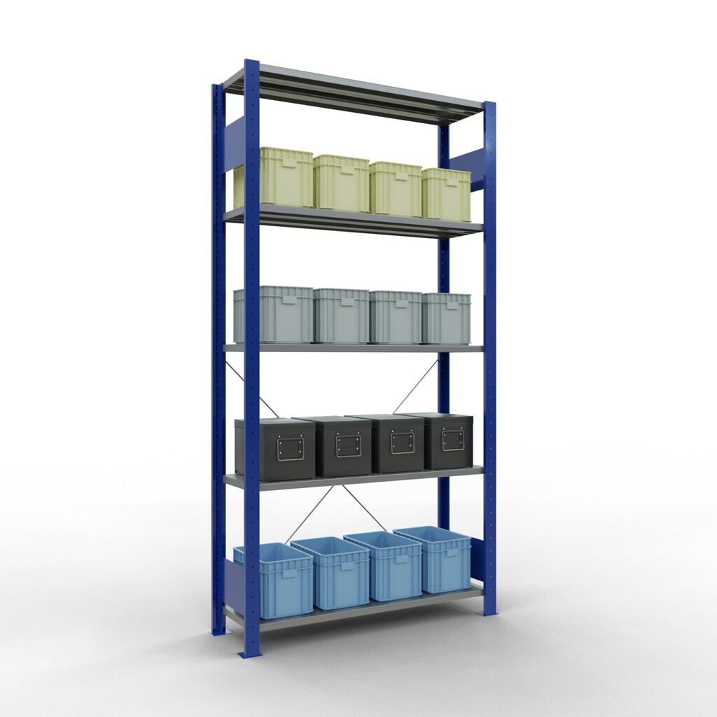 Scaffalatura a ripiani SCHULTE, blu genziana/zincato con 5 fondi in lamiera d'acciaio, portata per piano di 150 kg, AxLxP 2.000 x 1.060 x 336 mm Immagine del prodotto n. 4: Scaffalatura a ripiani SCHULTE, blu genziana/zincato con 5 fondi in lamiera d'acciaio, portata per piano di 150 kg, AxLxP 2.000 x 1.060 x 336 mm