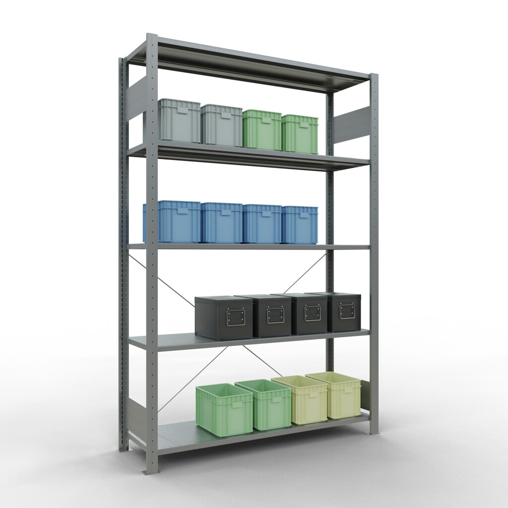 Immagine del prodotto n. 3: Scaffalatura a ripiani SCHULTE zincata con 5 fondi in lamiera d'acciaio, portata per piano di 150 kg, AxLxP 2.000 x 1.360 x 436 mm