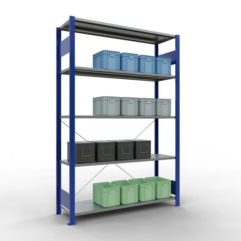 Immagine del prodotto n. 3: Scaffalatura a ripiani SCHULTE, blu genziana/zincato con 5 fondi in lamiera d'acciaio, portata per piano di 150 kg, AxLxP 2.000 x 1.360 x 436 mm