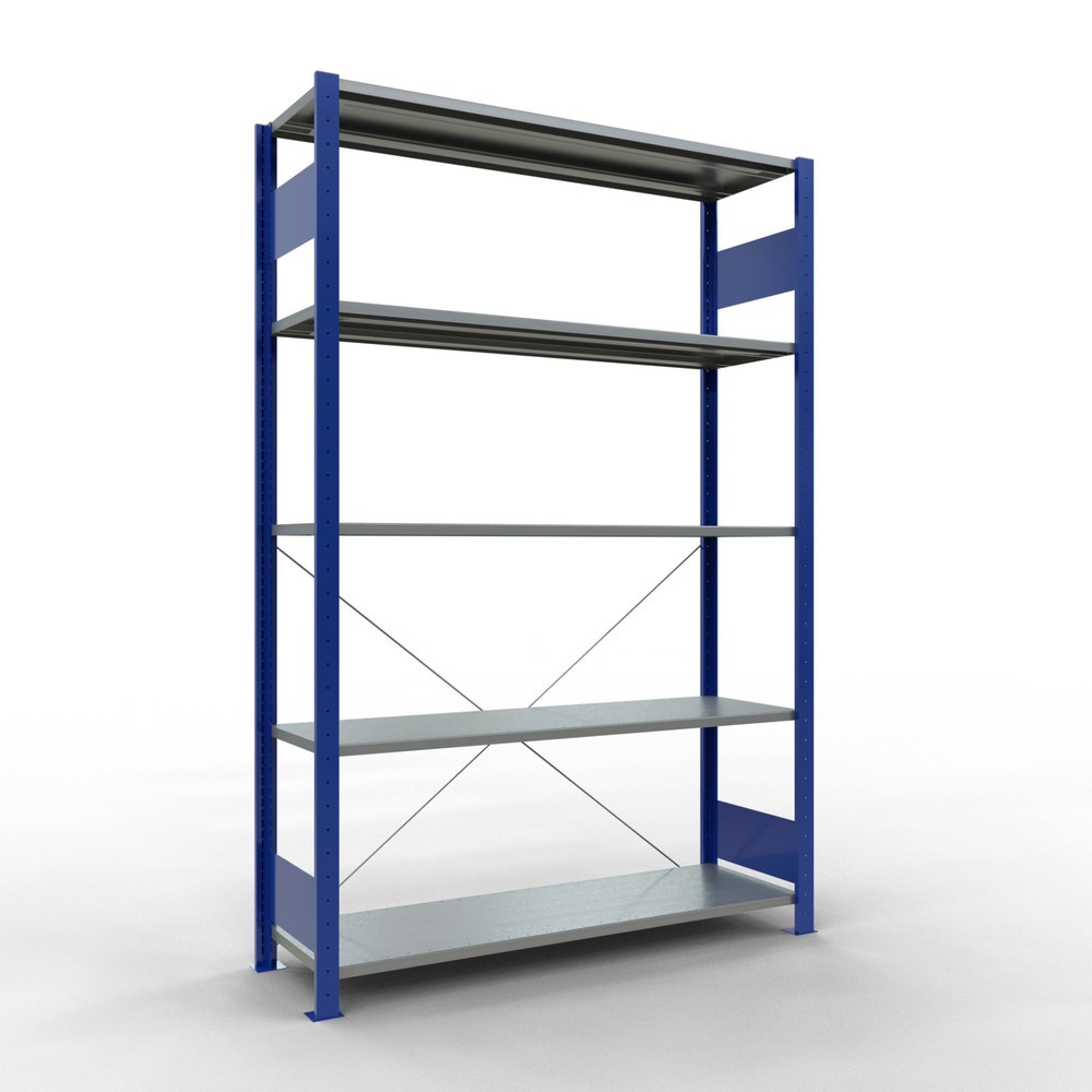 Immagine del prodotto: Scaffalatura a ripiani SCHULTE, blu genziana/zincato con 5 fondi in lamiera d'acciaio, portata per piano di 150 kg, AxLxP 2.000 x 1.360 x 436 mm