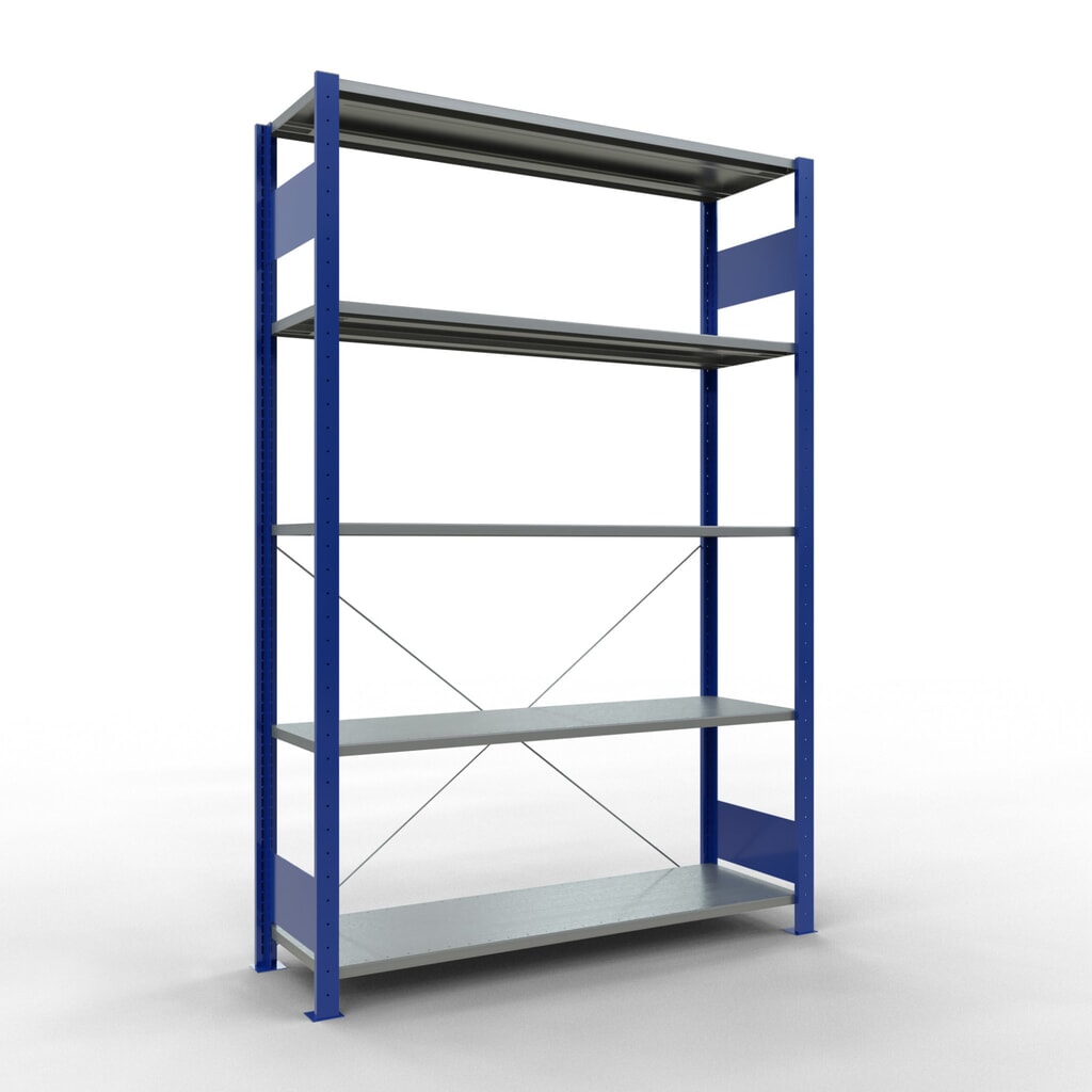 Scaffalatura a ripiani SCHULTE, blu genziana/zincato con 5 fondi in lamiera d'acciaio, portata per piano di 150 kg, AxLxP 2.000 x 1.360 x 436 mm Immagine del prodotto: Scaffalatura a ripiani SCHULTE, blu genziana/zincato con 5 fondi in lamiera d'acciaio, portata per piano di 150 kg, AxLxP 2.000 x 1.360 x 436 mm