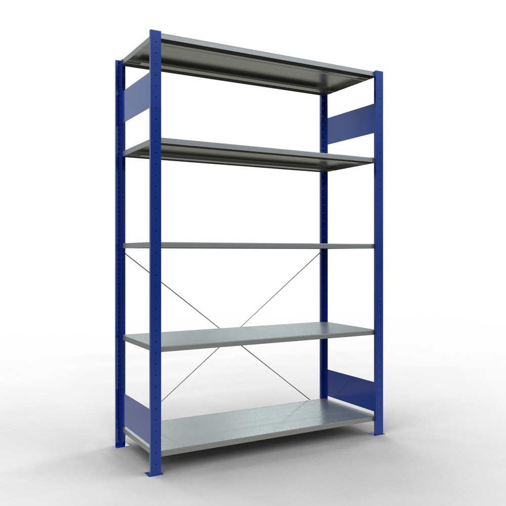 Immagine del prodotto: Scaffalatura a ripiani SCHULTE, blu genziana/zincato con 5 fondi in lamiera d'acciaio, portata per piano di 150 kg, AxLxP 2.000 x 1.360 x 536 mm