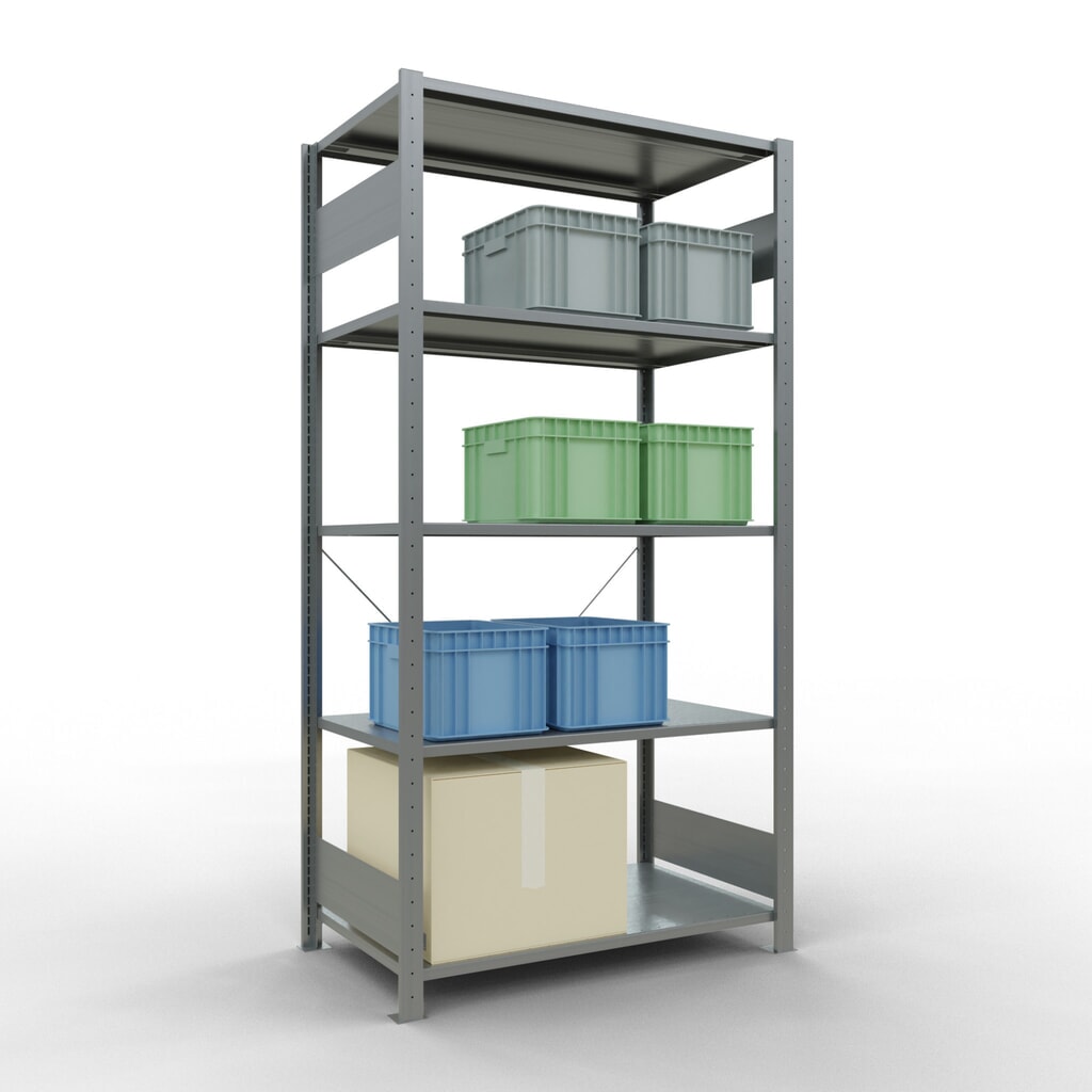 Immagine del prodotto n. 3: Scaffalatura a ripiani SCHULTE zincata con 5 fondi in lamiera d'acciaio, portata per piano di 150 kg, AxLxP 2.000 x 1.060 x 636 mm