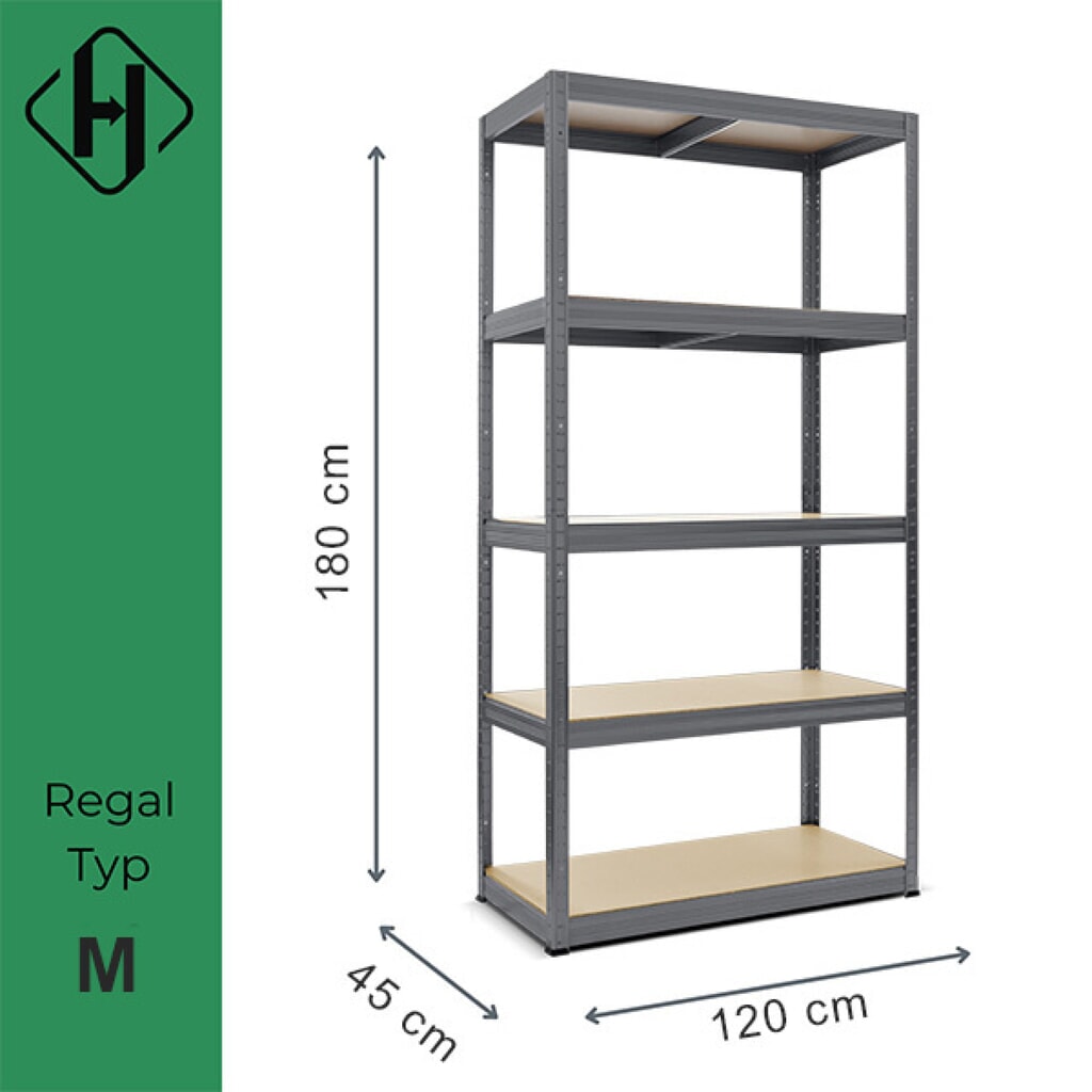 Immagine del prodotto n. 2: Scaffalatura per carichi pesanti HEMMDAL modello M, grigio grafite - 180 x 120 x 45 cm - fino a 1.000 kg