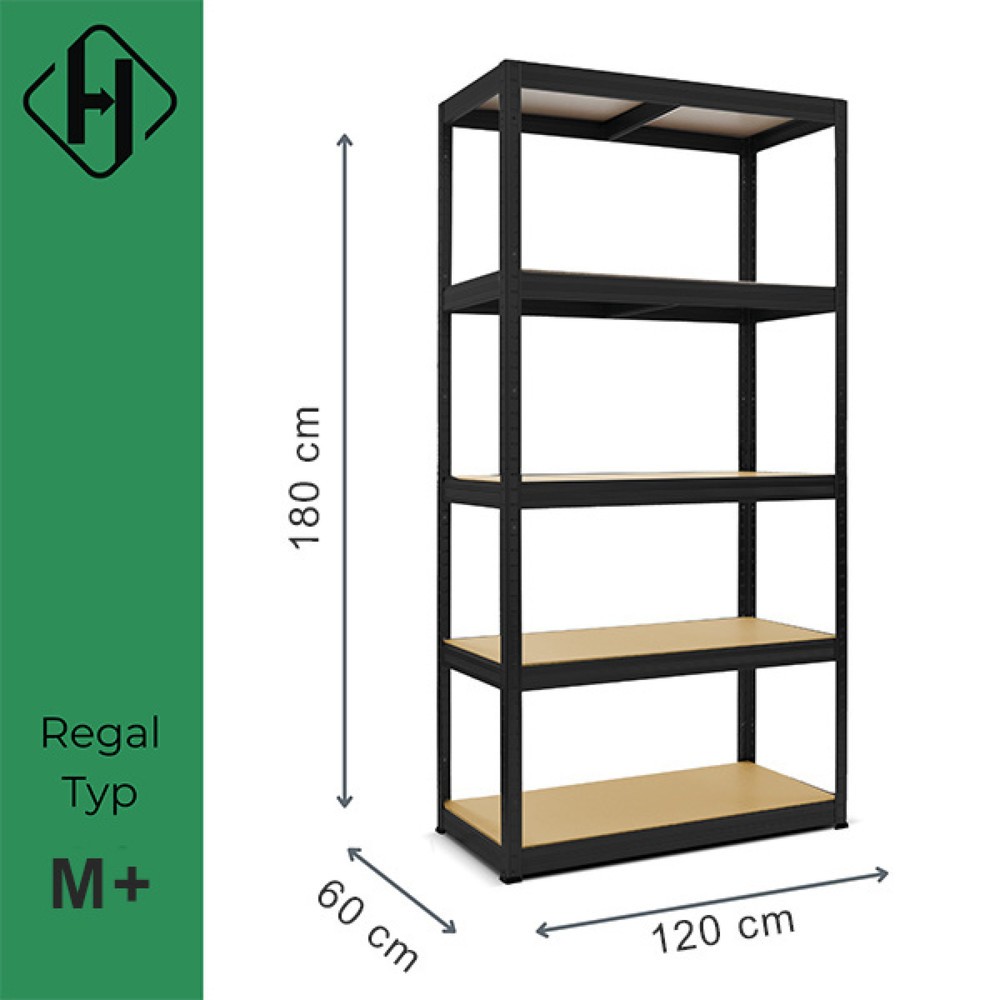 Immagine del prodotto n. 2: Scaffalatura per carichi pesanti HEMMDAL modello M+, nero - 180 x 120 x 60 cm - fino a 750 kg