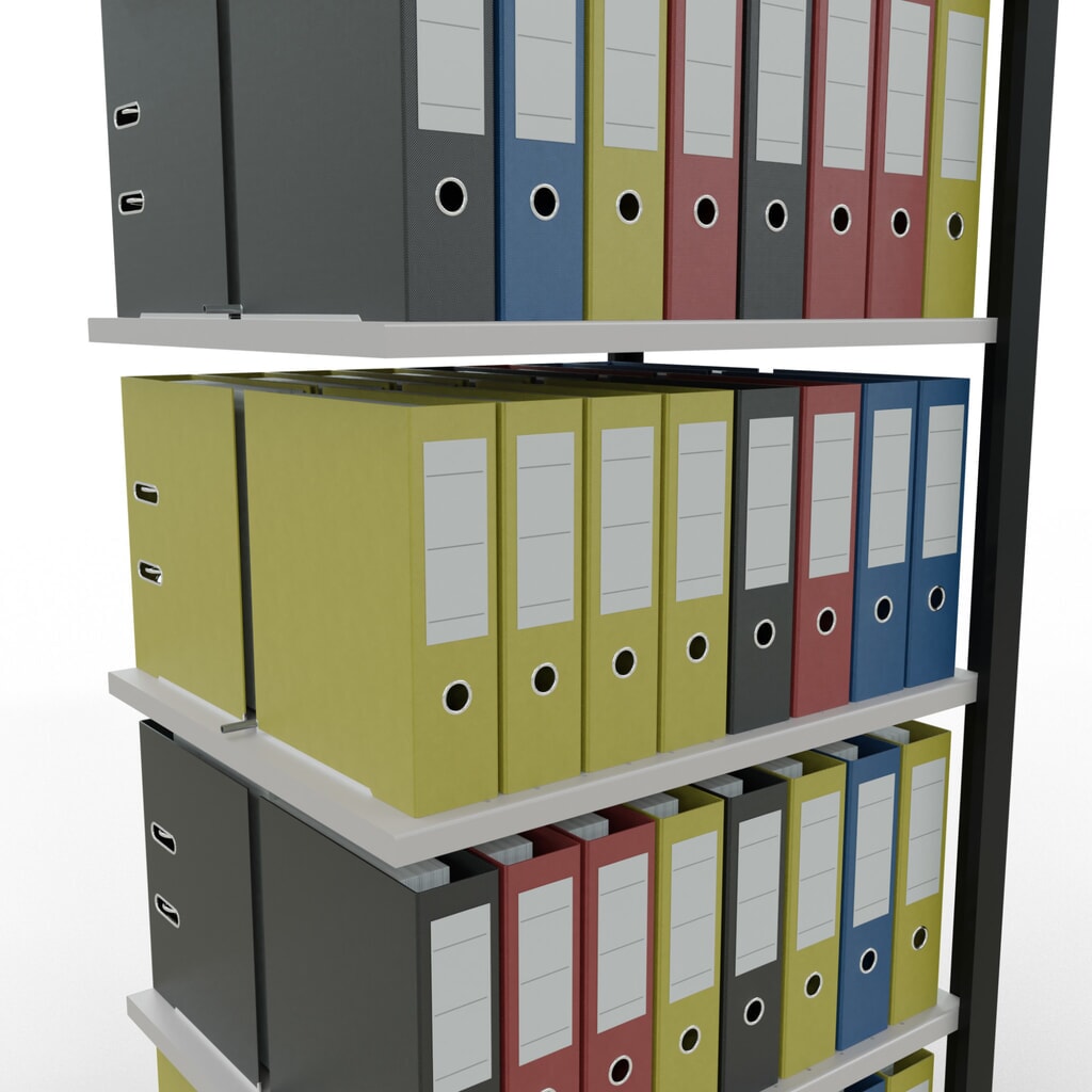 Immagine del prodotto n. 3: Scaffalatura per documenti SCHULTE campata aggiuntiva, a doppio fronte, con spondine centrali, portata per piano 150 kg, nero, HxLxP 2.000 x 750 x 600 mm