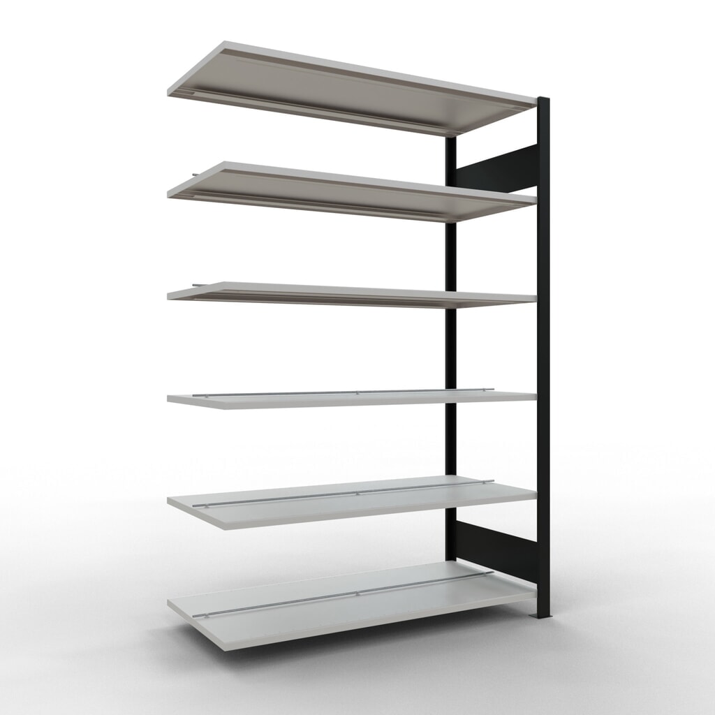 Scaffalatura per documenti SCHULTE campata aggiuntiva, a doppio fronte, con spondine centrali, portata per piano 150 kg, nero, AxLxP 2.000 x 1.300 x 600 mm Immagine del prodotto: Scaffalatura per documenti SCHULTE campata aggiuntiva, a doppio fronte, con spondine centrali, portata per piano 150 kg, nero, AxLxP 2.000 x 1.300 x 600 mm