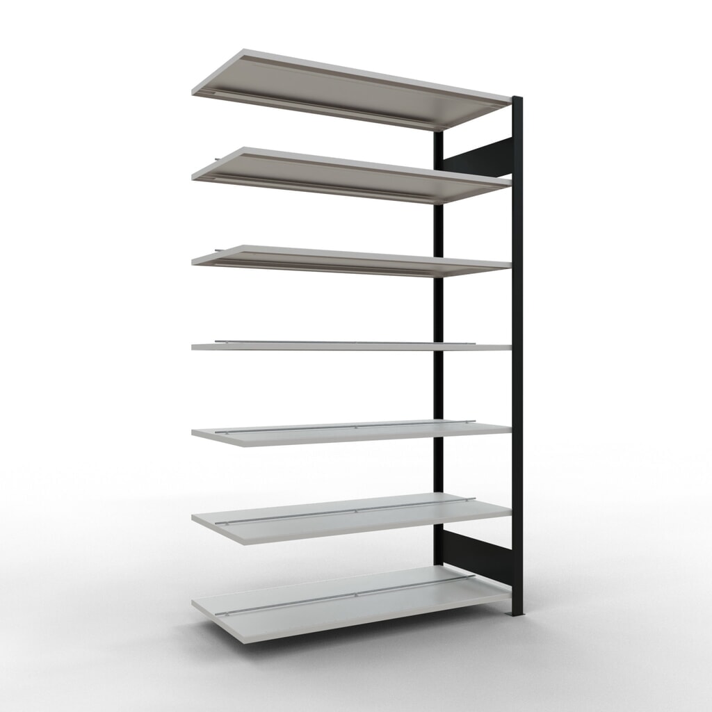 Immagine del prodotto: Scaffalatura per documenti SCHULTE campata aggiuntiva, a doppio fronte, con spondine centrali, portata per piano 150 kg, nero, AxLxP 2.300 x 1.300 x 600 mm