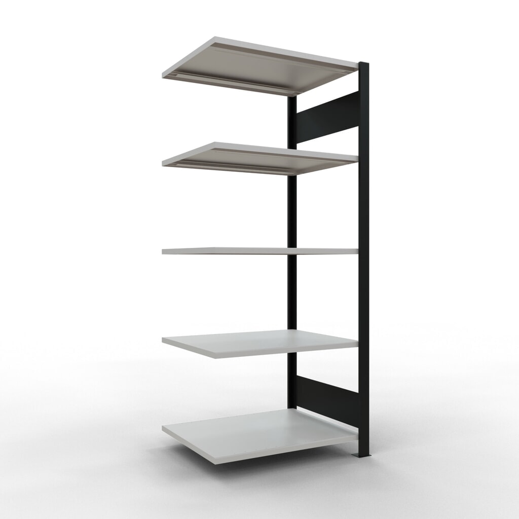 Scaffalatura per documenti SCHULTE campata aggiuntiva, a doppio fronte, senza spondine centrali, portata per piano 150 kg, nero, HxLxP 1.800 x 750 x 600 mm Immagine del prodotto: Scaffalatura per documenti SCHULTE campata aggiuntiva, a doppio fronte, senza spondine centrali, portata per piano 150 kg, nero, HxLxP 1.800 x 750 x 600 mm
