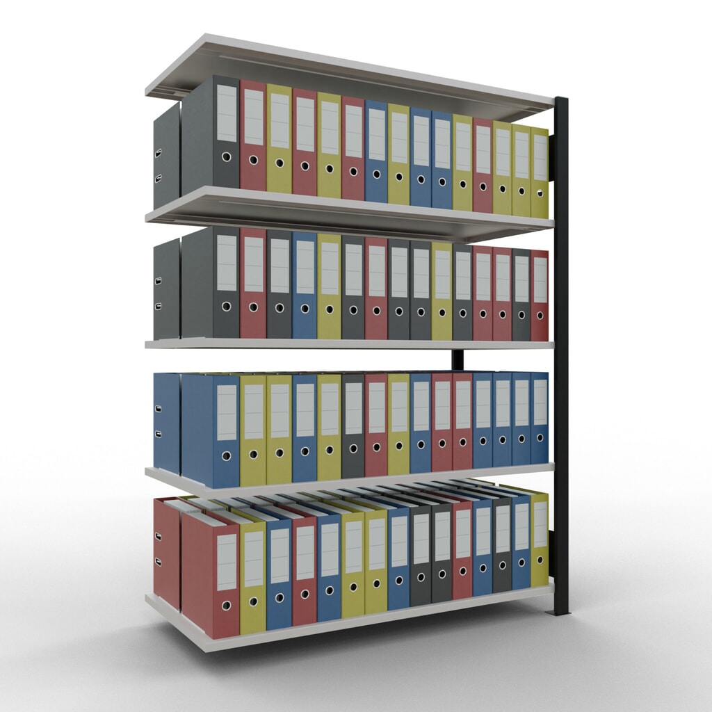 Scaffalatura per documenti SCHULTE campata aggiuntiva, a doppio fronte, senza spondine centrali, portata per piano 150 kg, nero, HxLxP 1.800 x 1.300 x 600 mm Immagine del prodotto n. 2: Scaffalatura per documenti SCHULTE campata aggiuntiva, a doppio fronte, senza spondine centrali, portata per piano 150 kg, nero, HxLxP 1.800 x 1.300 x 600 mm