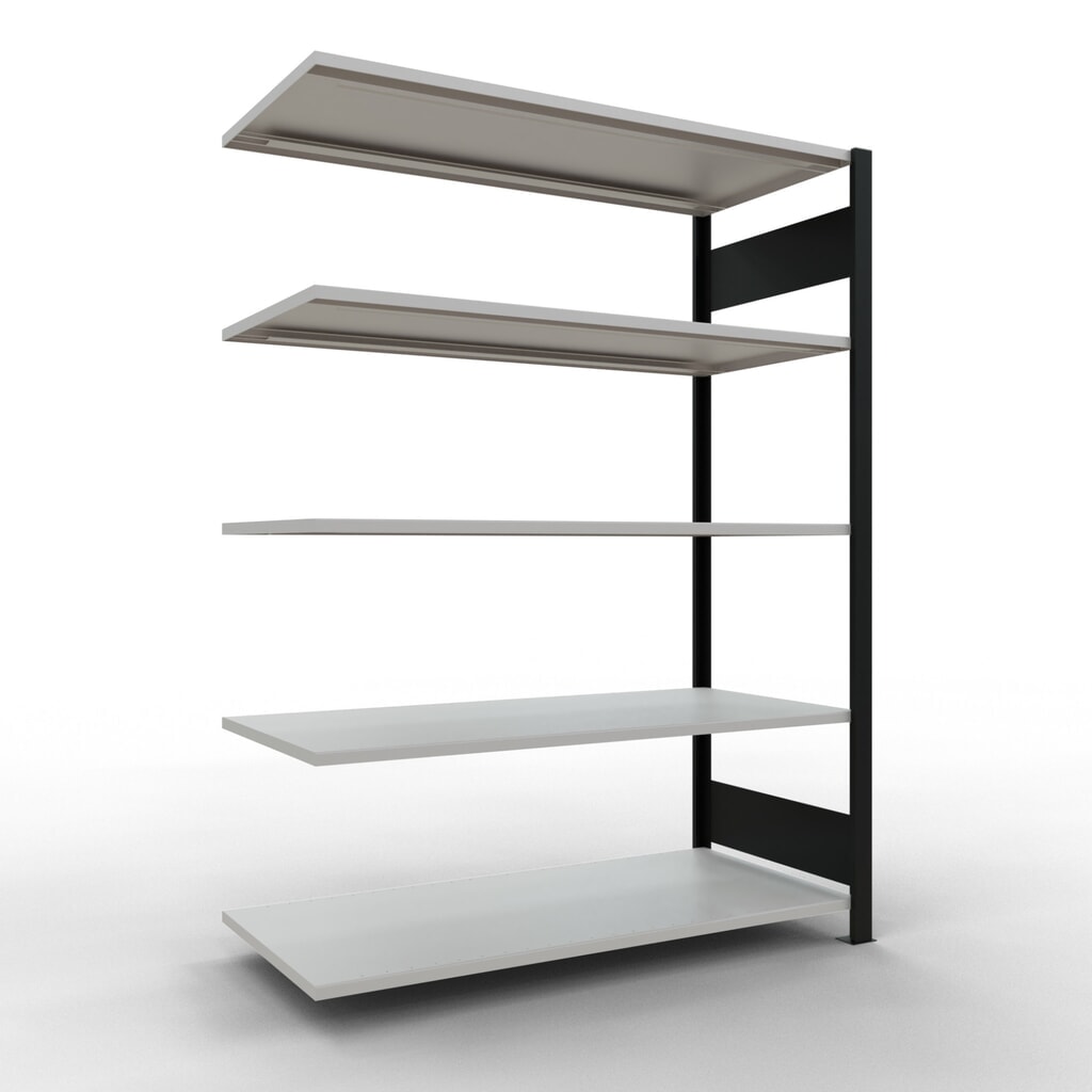 Scaffalatura per documenti SCHULTE campata aggiuntiva, a doppio fronte, senza spondine centrali, portata per piano 150 kg, nero, HxLxP 1.800 x 1.300 x 600 mm Immagine del prodotto: Scaffalatura per documenti SCHULTE campata aggiuntiva, a doppio fronte, senza spondine centrali, portata per piano 150 kg, nero, HxLxP 1.800 x 1.300 x 600 mm