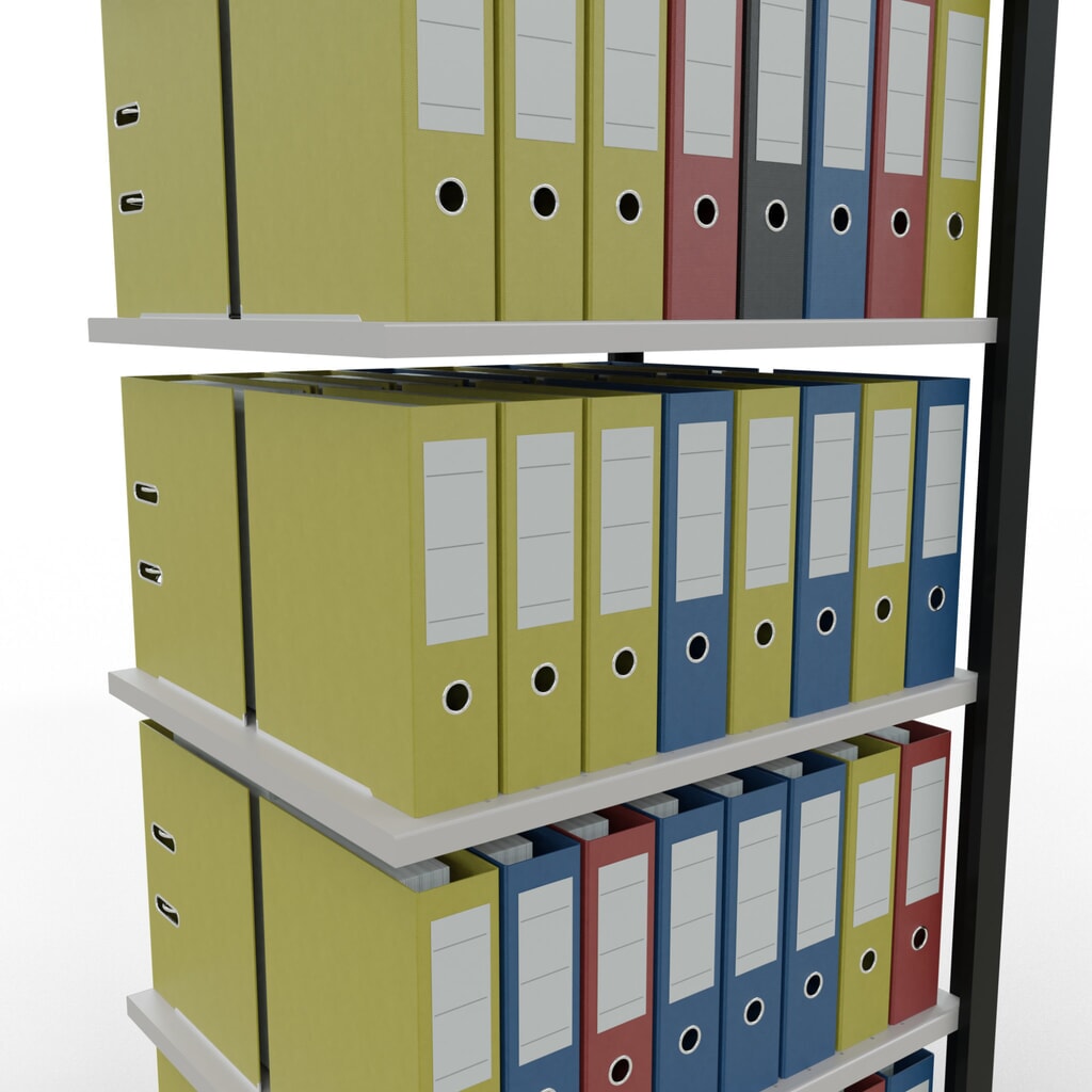 Scaffalatura per documenti SCHULTE campata aggiuntiva, a doppio fronte, senza spondine centrali, portata per piano 150 kg, nero, AxLxP 2.000 x 750 x 600 mm Immagine del prodotto n. 3: Scaffalatura per documenti SCHULTE campata aggiuntiva, a doppio fronte, senza spondine centrali, portata per piano 150 kg, nero, AxLxP 2.000 x 750 x 600 mm