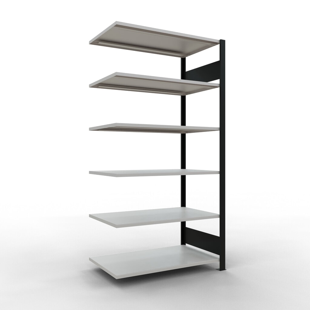 Scaffalatura per documenti SCHULTE campata aggiuntiva, a doppio fronte, senza spondine centrali, portata per piano 150 kg, nero, AxLxP 2.000 x 1.000 x 600 mm Immagine del prodotto: Scaffalatura per documenti SCHULTE campata aggiuntiva, a doppio fronte, senza spondine centrali, portata per piano 150 kg, nero, AxLxP 2.000 x 1.000 x 600 mm