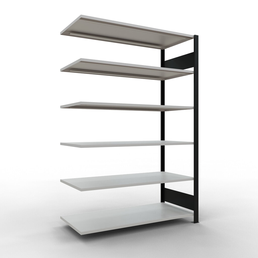 Immagine del prodotto: Scaffalatura per documenti SCHULTE campata aggiuntiva, a doppio fronte, senza spondine centrali, portata per piano 150 kg, nero, AxLxP 2.000 x 1.300 x 600 mm