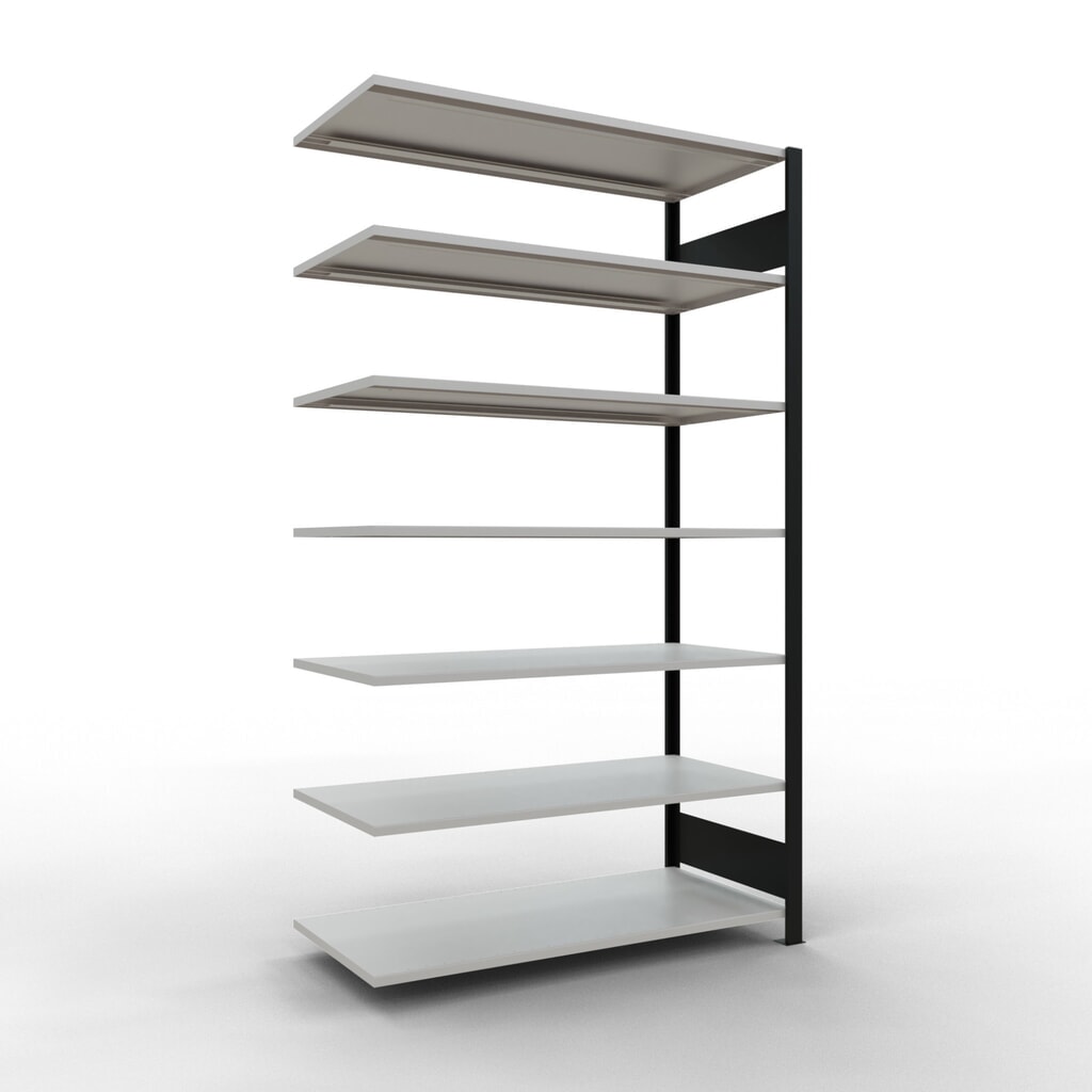 Scaffalatura per documenti SCHULTE campata aggiuntiva, a doppio fronte, senza spondine centrali, portata per piano 150 kg, nero, AxLxP 2.300 x 1.300 x 600 mm Immagine del prodotto: Scaffalatura per documenti SCHULTE campata aggiuntiva, a doppio fronte, senza spondine centrali, portata per piano 150 kg, nero, AxLxP 2.300 x 1.300 x 600 mm