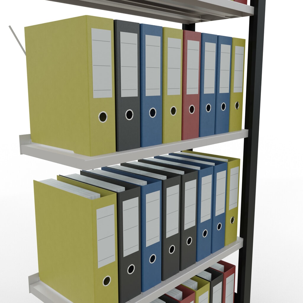 Immagine del prodotto n. 3: Scaffalatura per documenti SCHULTE campata aggiuntiva, monofronte, con spondine posteriori, portata per piano 85 kg, nero, HxLxP 1.800 x 750 x 300 mm