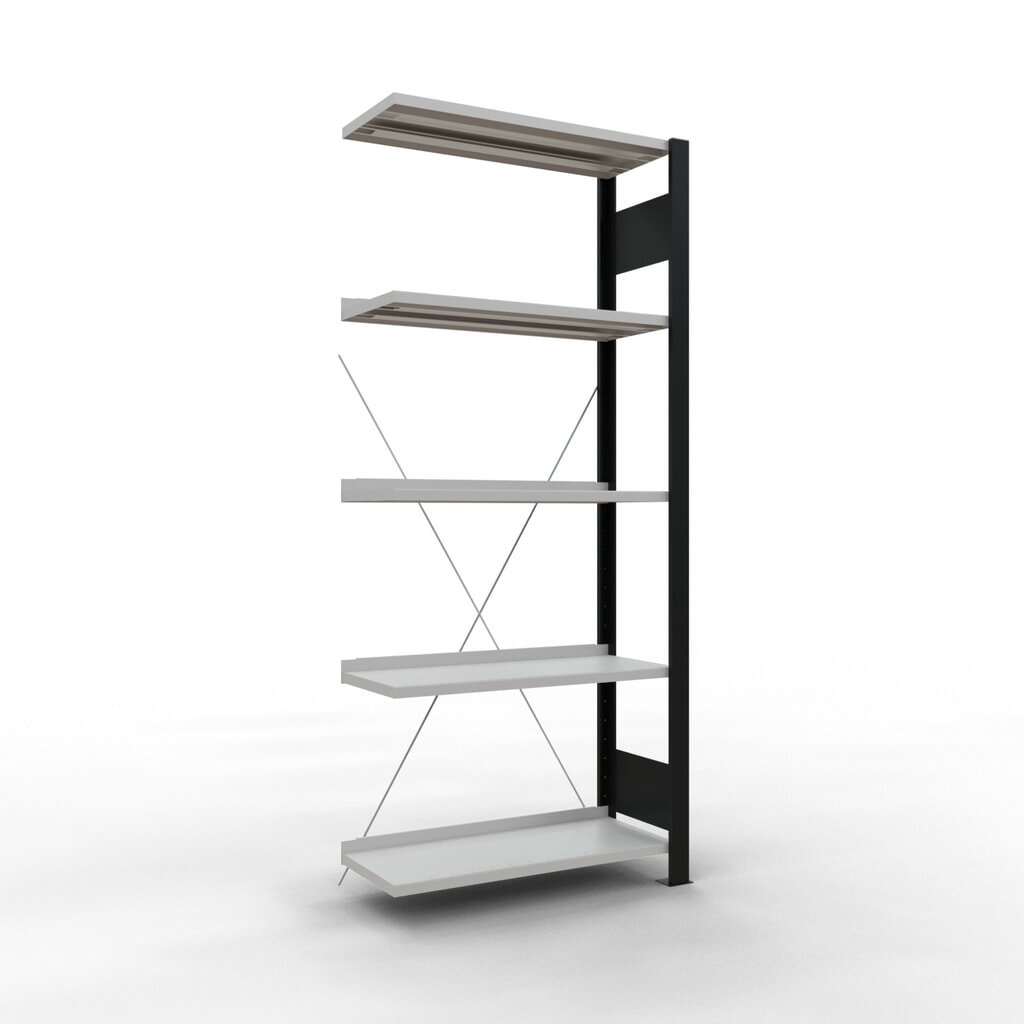 Immagine del prodotto: Scaffalatura per documenti SCHULTE campata aggiuntiva, monofronte, con spondine posteriori, portata per piano 85 kg, nero, HxLxP 1.800 x 750 x 300 mm