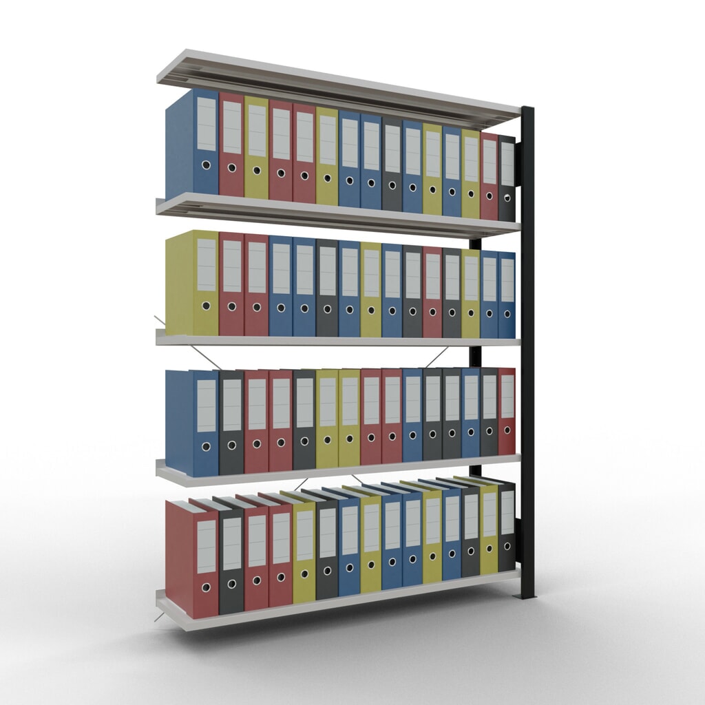 Immagine del prodotto n. 2: Scaffalatura per documenti SCHULTE campata aggiuntiva, monofronte, con spondine posteriori, portata per piano 85 kg, nero, HxLxP 1.800 x 1.300 x 300 mm