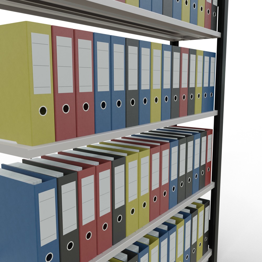 Immagine del prodotto n. 3: Scaffalatura per documenti SCHULTE campata aggiuntiva, monofronte, con spondine posteriori, portata per piano 85 kg, nero, HxLxP 1.800 x 1.300 x 300 mm