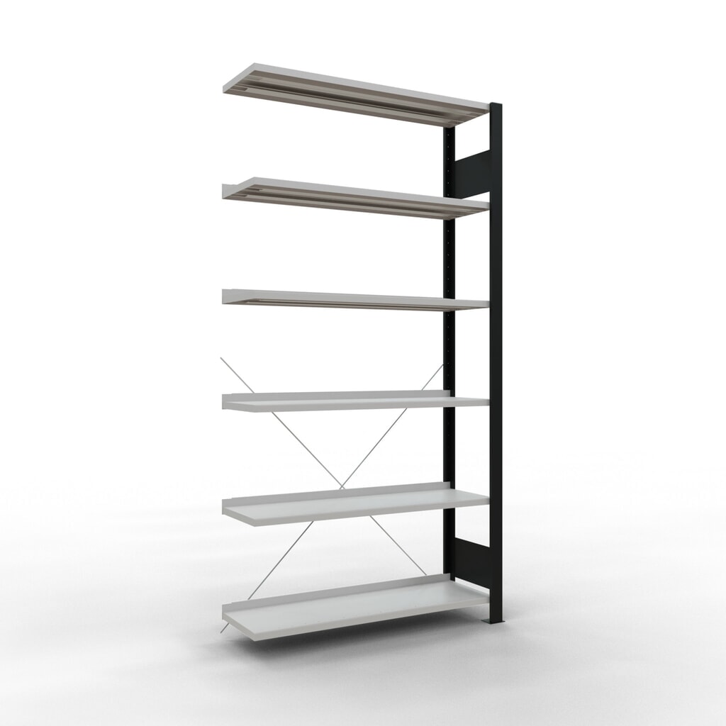 Immagine del prodotto: Scaffalatura per documenti SCHULTE campata aggiuntiva, monofronte, con spondine posteriori, portata per piano 85 kg, nero, AxLxP 2.000 x 1.000 x 300 mm