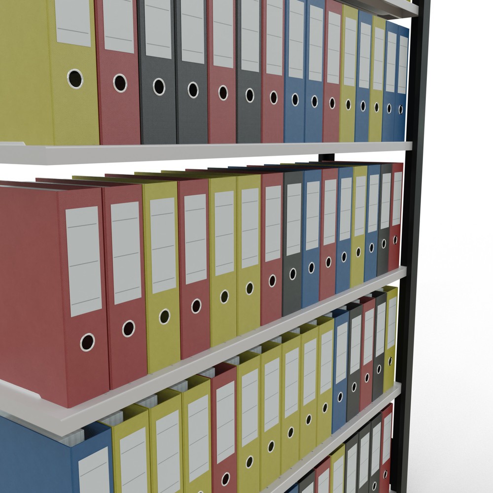 Immagine del prodotto n. 3: Scaffalatura per documenti SCHULTE campata aggiuntiva, monofronte, con spondine posteriori, portata per piano 85 kg, nero, AxLxP 2.000 x 1.300 x 300 mm