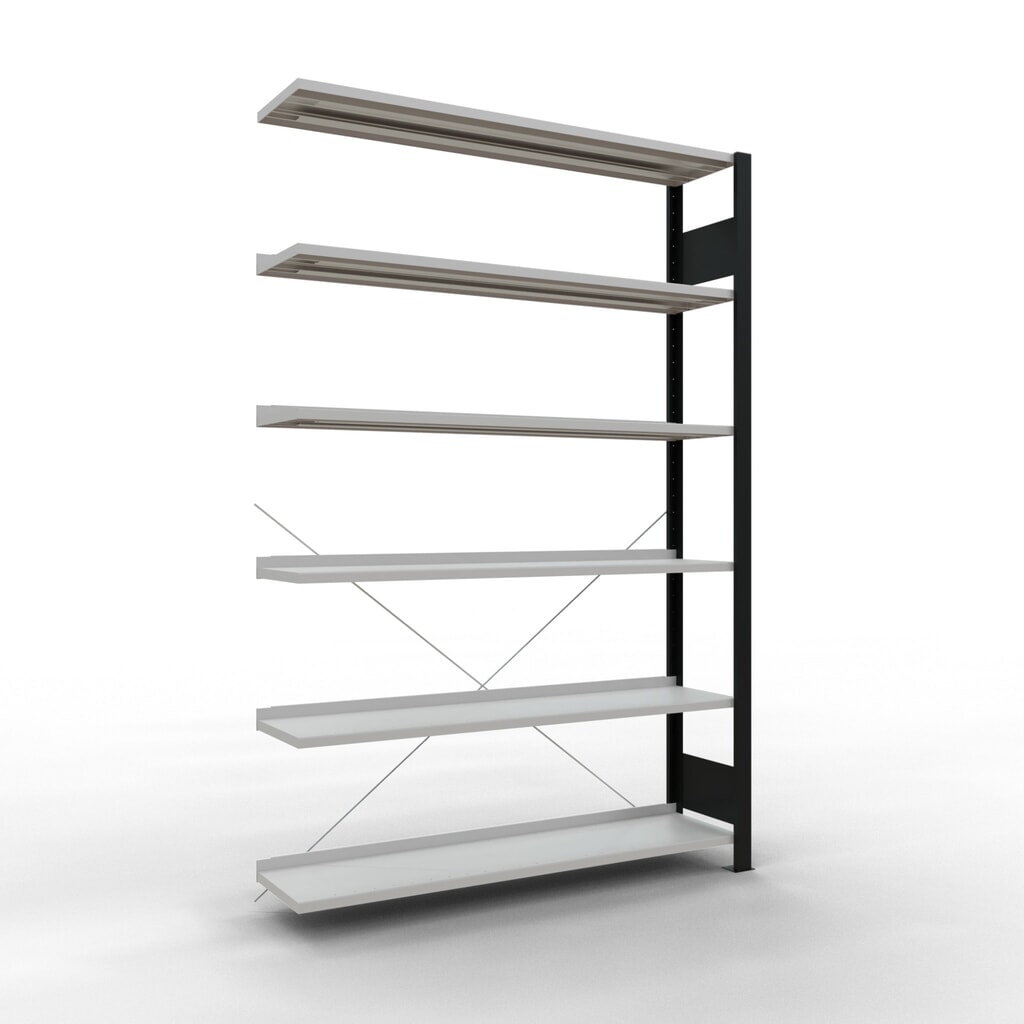 Immagine del prodotto: Scaffalatura per documenti SCHULTE campata aggiuntiva, monofronte, con spondine posteriori, portata per piano 85 kg, nero, AxLxP 2.000 x 1.300 x 300 mm