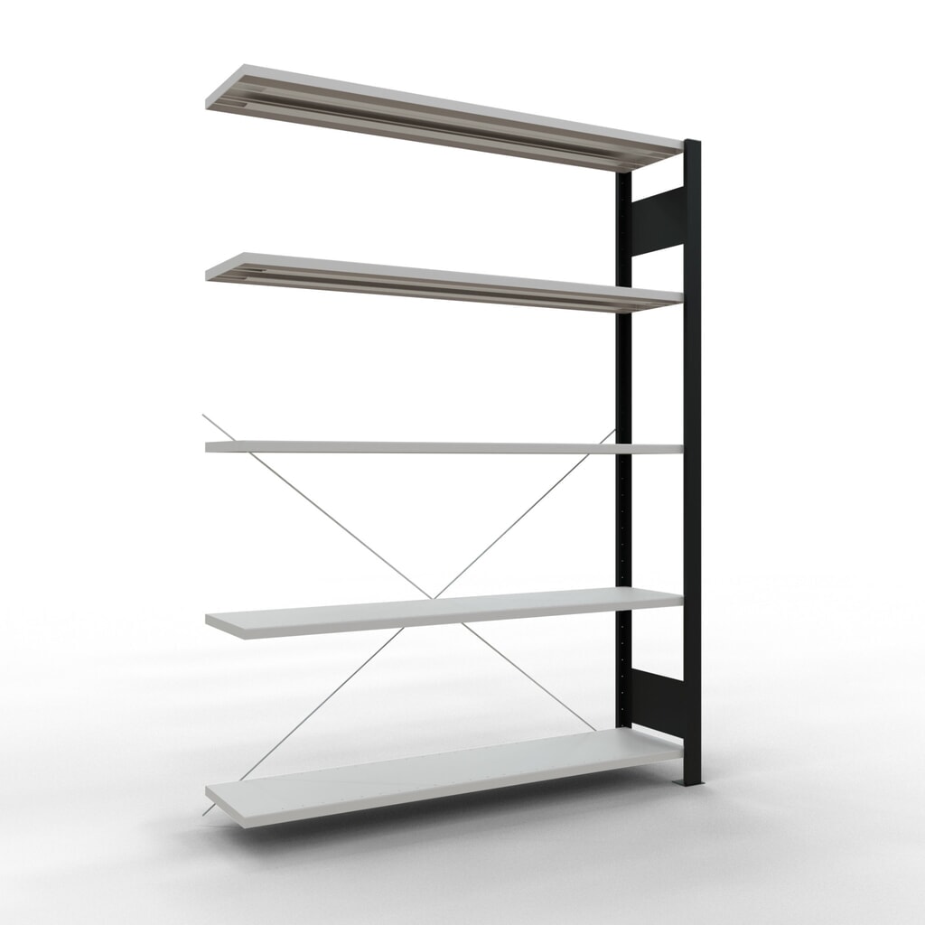 Immagine del prodotto: Scaffalatura per documenti SCHULTE campata aggiuntiva, monofronte, senza spondine posteriori, nero, portata per piano 85 kg, AxLxP 1.800 x 1.300 x 300 mm
