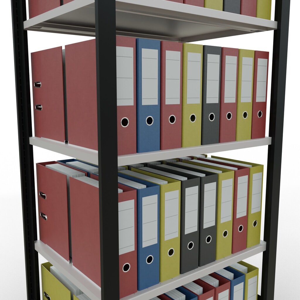 Immagine del prodotto n. 3: Scaffalatura per documenti SCHULTE campata base, a doppio fronte, senza spondine centrali, portata per piano 150 kg, nero, HxLxP 1.800 x 750 x 600 mm