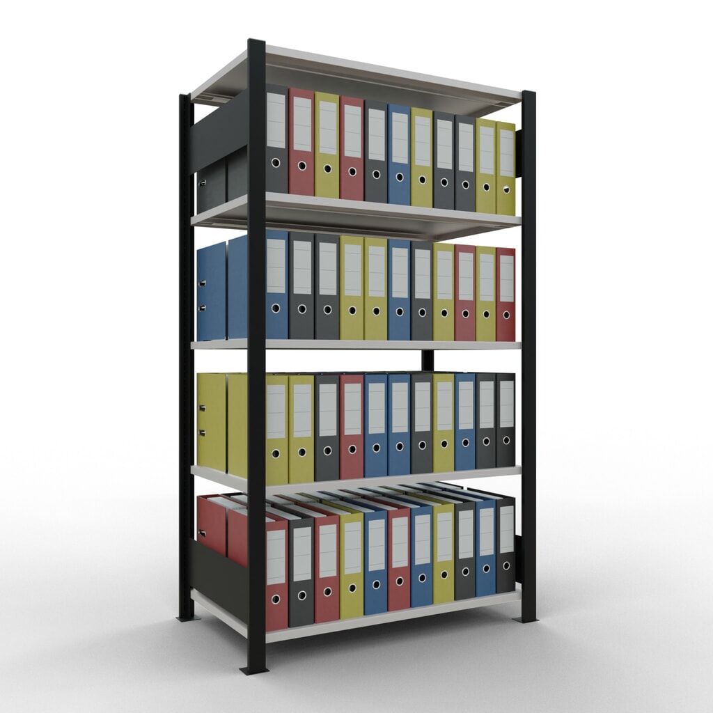 Immagine del prodotto n. 2: Scaffalatura per documenti SCHULTE campata base, a doppio fronte, senza spondine centrali, portata per piano 150 kg, nero, HxLxP 1.800 x 1.000 x 600 mm