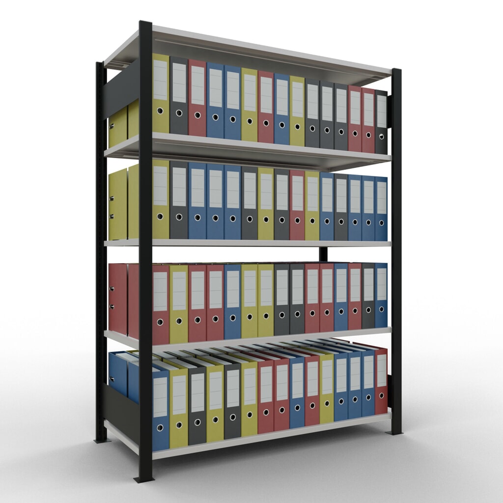 Scaffalatura per documenti SCHULTE campata base, a doppio fronte, senza spondine centrali, portata per piano 150 kg, nero, HxLxP 1.800 x 1.300 x 600 mm Immagine del prodotto n. 2: Scaffalatura per documenti SCHULTE campata base, a doppio fronte, senza spondine centrali, portata per piano 150 kg, nero, HxLxP 1.800 x 1.300 x 600 mm