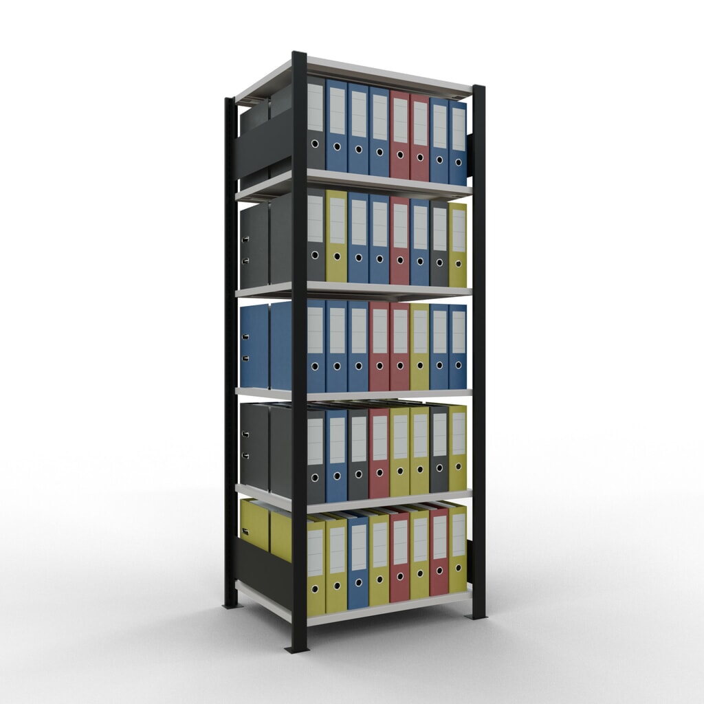 Scaffalatura per documenti SCHULTE campata base, a doppio fronte, senza spondine centrali, portata per piano 150 kg, nero, HxLxP 2.000 x 750 x 600 mm Immagine del prodotto n. 2: Scaffalatura per documenti SCHULTE campata base, a doppio fronte, senza spondine centrali, portata per piano 150 kg, nero, HxLxP 2.000 x 750 x 600 mm