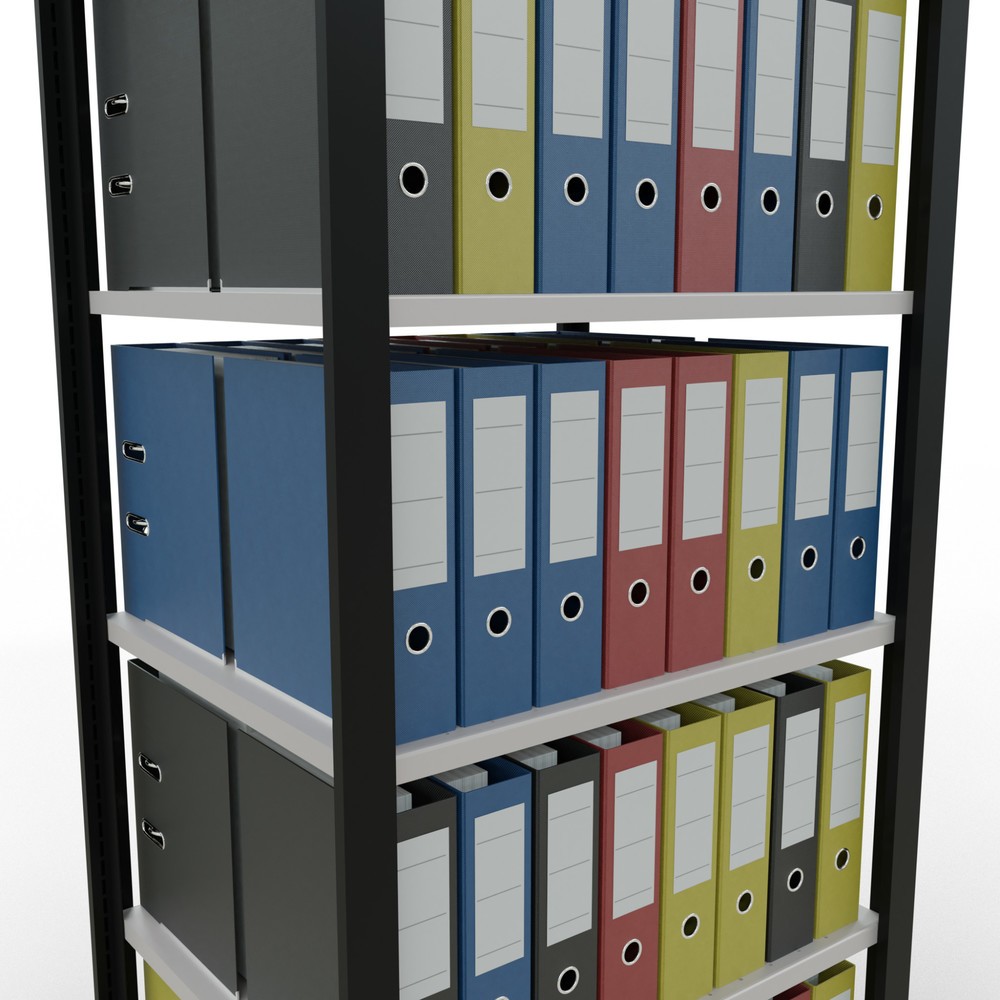 Immagine del prodotto n. 3: Scaffalatura per documenti SCHULTE campata base, a doppio fronte, senza spondine centrali, portata per piano 150 kg, nero, HxLxP 2.000 x 750 x 600 mm