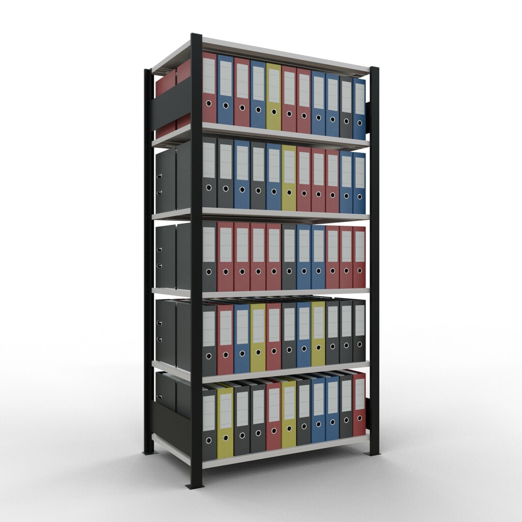 Scaffalatura per documenti SCHULTE campata base, a doppio fronte, senza spondine centrali, portata per piano 150 kg, nero, HxLxP 2.000 x 1.000 x 600 mm Immagine del prodotto n. 2: Scaffalatura per documenti SCHULTE campata base, a doppio fronte, senza spondine centrali, portata per piano 150 kg, nero, HxLxP 2.000 x 1.000 x 600 mm