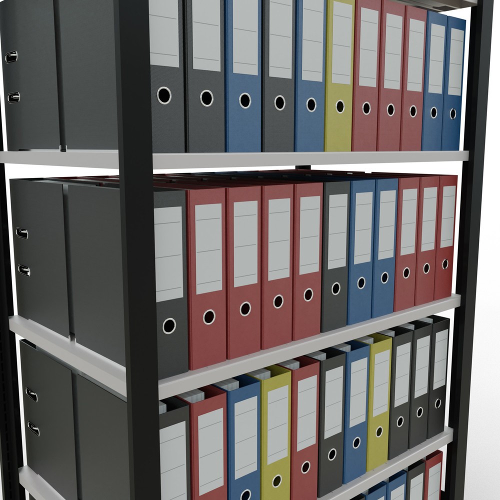 Immagine del prodotto n. 3: Scaffalatura per documenti SCHULTE campata base, a doppio fronte, senza spondine centrali, portata per piano 150 kg, nero, HxLxP 2.000 x 1.000 x 600 mm