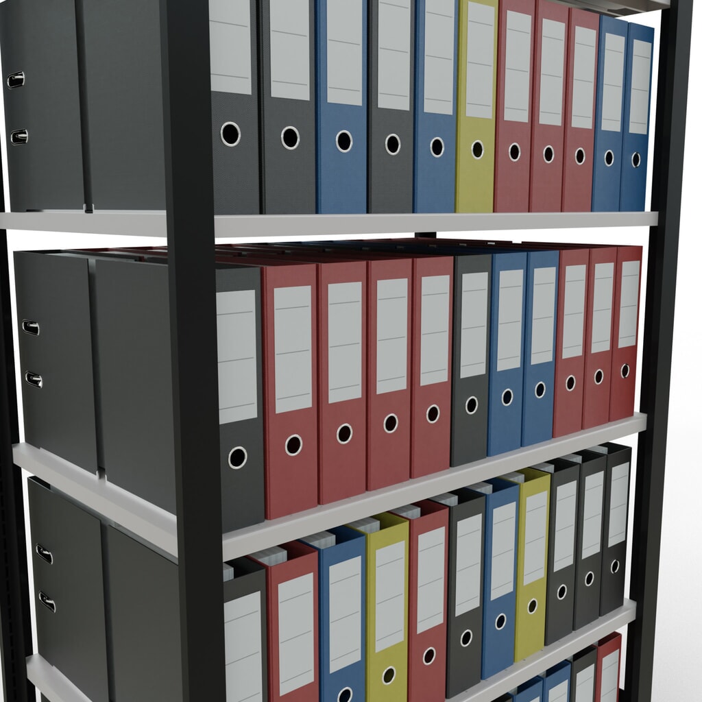 Immagine del prodotto n. 3: Scaffalatura per documenti SCHULTE campata base, a doppio fronte, senza spondine centrali, portata per piano 150 kg, nero, HxLxP 2.000 x 1.000 x 600 mm
