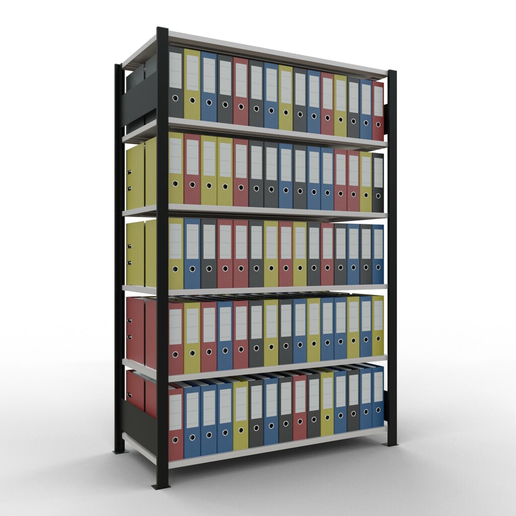 Scaffalatura per documenti SCHULTE campata base, a doppio fronte, senza spondine centrali, portata per piano 150 kg, nero, AxLxP 2.000 x 1.300 x 600 mm Immagine del prodotto n. 2: Scaffalatura per documenti SCHULTE campata base, a doppio fronte, senza spondine centrali, portata per piano 150 kg, nero, AxLxP 2.000 x 1.300 x 600 mm