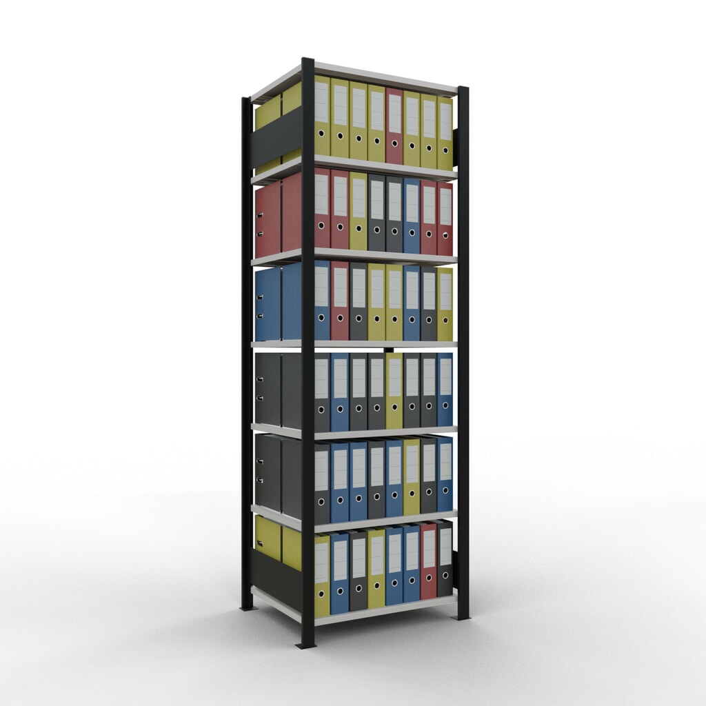 Scaffalatura per documenti SCHULTE campata base, a doppio fronte, senza spondine centrali, portata per piano 150 kg, nero, AxLxP 2.300 x 750 x 600 mm Immagine del prodotto n. 2: Scaffalatura per documenti SCHULTE campata base, a doppio fronte, senza spondine centrali, portata per piano 150 kg, nero, AxLxP 2.300 x 750 x 600 mm