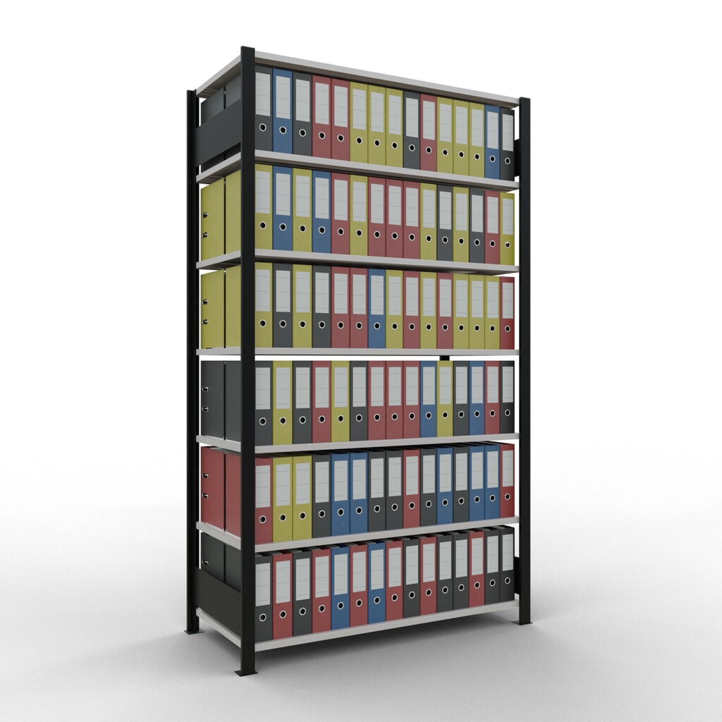 Scaffalatura per documenti SCHULTE campata base, a doppio fronte, senza spondine centrali, portata per piano 150 kg, nero, AxLxP 2.300 x 1.300 x 600 mm Immagine del prodotto n. 2: Scaffalatura per documenti SCHULTE campata base, a doppio fronte, senza spondine centrali, portata per piano 150 kg, nero, AxLxP 2.300 x 1.300 x 600 mm