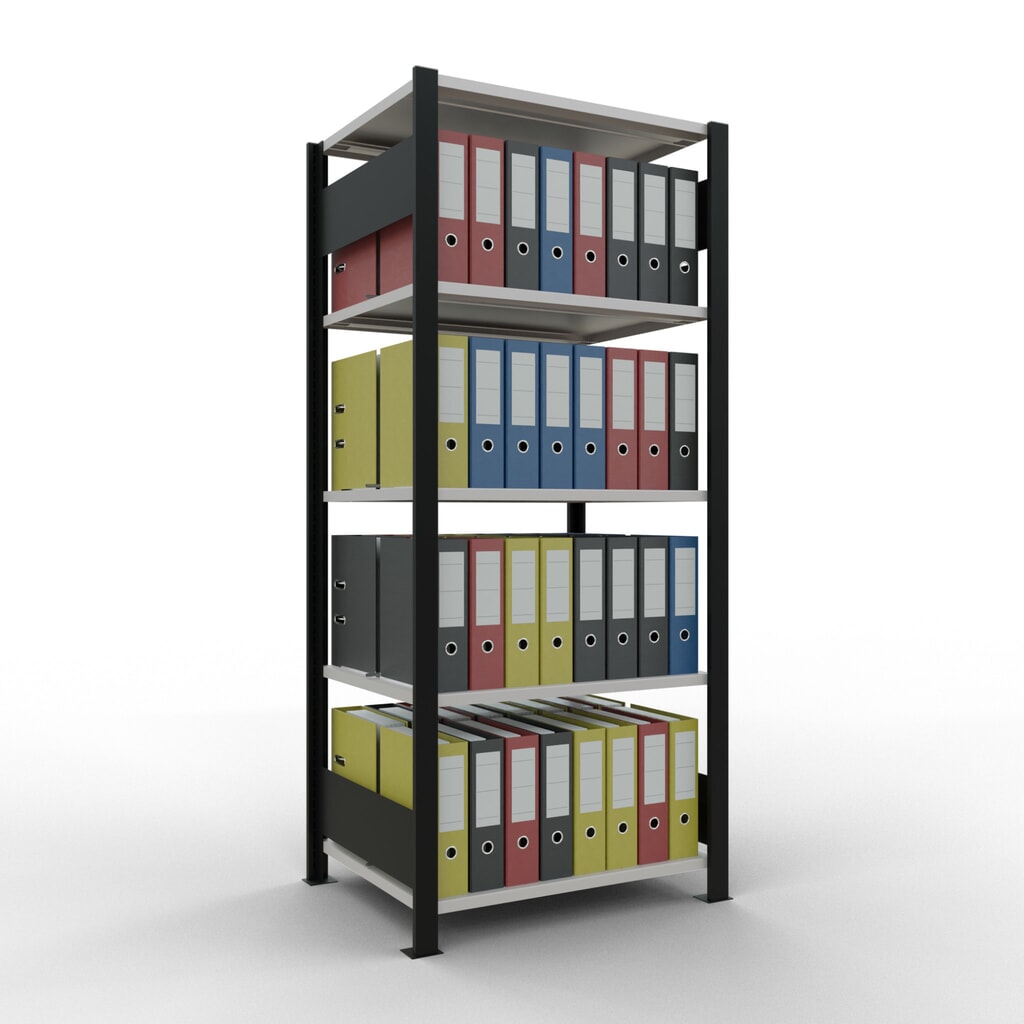 Scaffalatura per documenti SCHULTE campata base, a doppio fronte, con spondine centrali, portata per piano 150 kg, nero, HxLxP 1.800 x 750 x 600 mm Immagine del prodotto n. 2: Scaffalatura per documenti SCHULTE campata base, a doppio fronte, con spondine centrali, portata per piano 150 kg, nero, HxLxP 1.800 x 750 x 600 mm