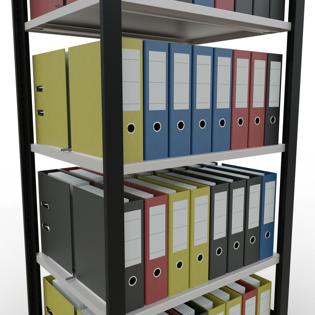 Scaffalatura per documenti SCHULTE campata base, a doppio fronte, con spondine centrali, portata per piano 150 kg, nero, HxLxP 1.800 x 750 x 600 mm Immagine del prodotto n. 3: Scaffalatura per documenti SCHULTE campata base, a doppio fronte, con spondine centrali, portata per piano 150 kg, nero, HxLxP 1.800 x 750 x 600 mm