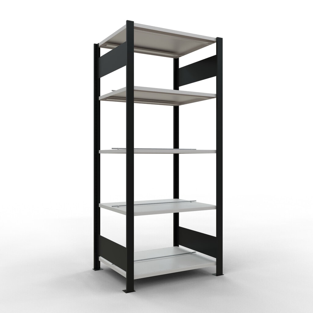 Scaffalatura per documenti SCHULTE campata base, a doppio fronte, con spondine centrali, portata per piano 150 kg, nero, HxLxP 1.800 x 750 x 600 mm Immagine del prodotto: Scaffalatura per documenti SCHULTE campata base, a doppio fronte, con spondine centrali, portata per piano 150 kg, nero, HxLxP 1.800 x 750 x 600 mm