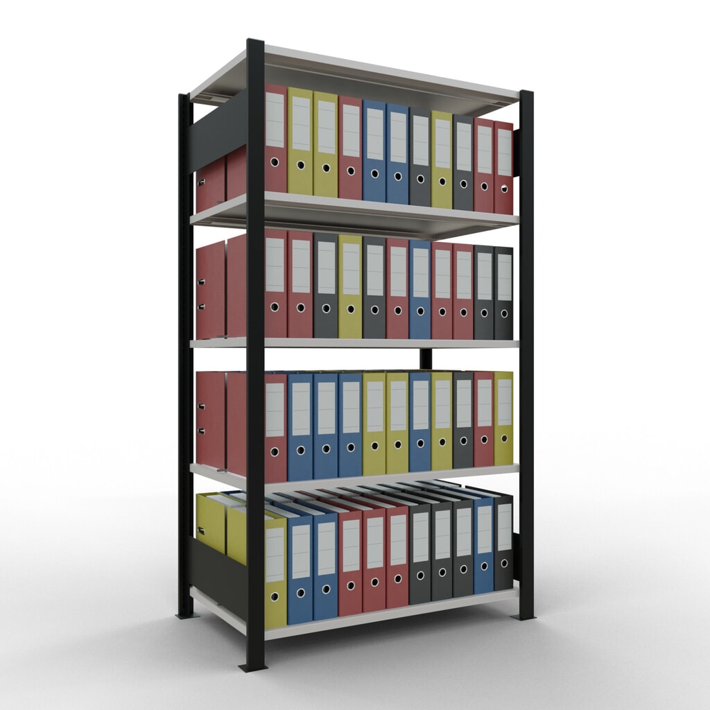 Scaffalatura per documenti SCHULTE campata base, a doppio fronte, con spondine centrali, portata per piano 150 kg, nero, AxLxP 1.800 x 1.000 x 600 mm Immagine del prodotto n. 2: Scaffalatura per documenti SCHULTE campata base, a doppio fronte, con spondine centrali, portata per piano 150 kg, nero, AxLxP 1.800 x 1.000 x 600 mm