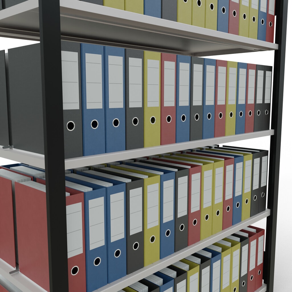 Immagine del prodotto n. 3: Scaffalatura per documenti SCHULTE campata base, a doppio fronte, con spondine centrali, portata per piano 150 kg, nero, AxLxP 1.800 x 1.300 x 600 mm