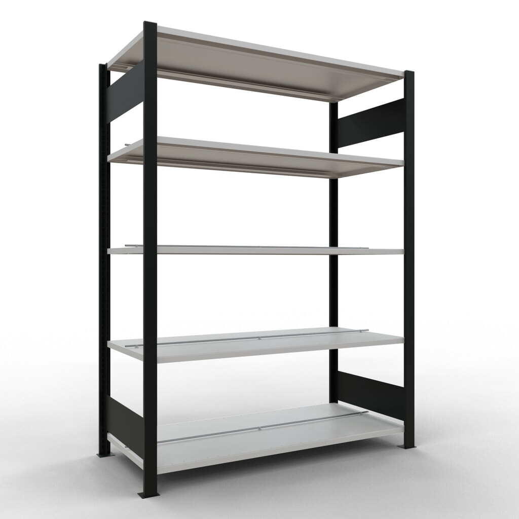 Scaffalatura per documenti SCHULTE campata base, a doppio fronte, con spondine centrali, portata per piano 150 kg, nero, AxLxP 1.800 x 1.300 x 600 mm Immagine del prodotto: Scaffalatura per documenti SCHULTE campata base, a doppio fronte, con spondine centrali, portata per piano 150 kg, nero, AxLxP 1.800 x 1.300 x 600 mm