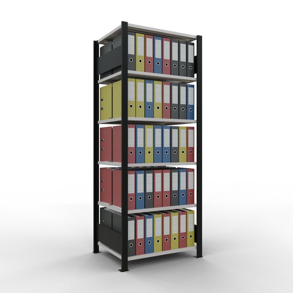 Immagine del prodotto n. 2: Scaffalatura per documenti SCHULTE campata base, a doppio fronte, con spondine centrali, portata per piano 150 kg, nero, HxLxP 2.000 x 750 x 600 mm