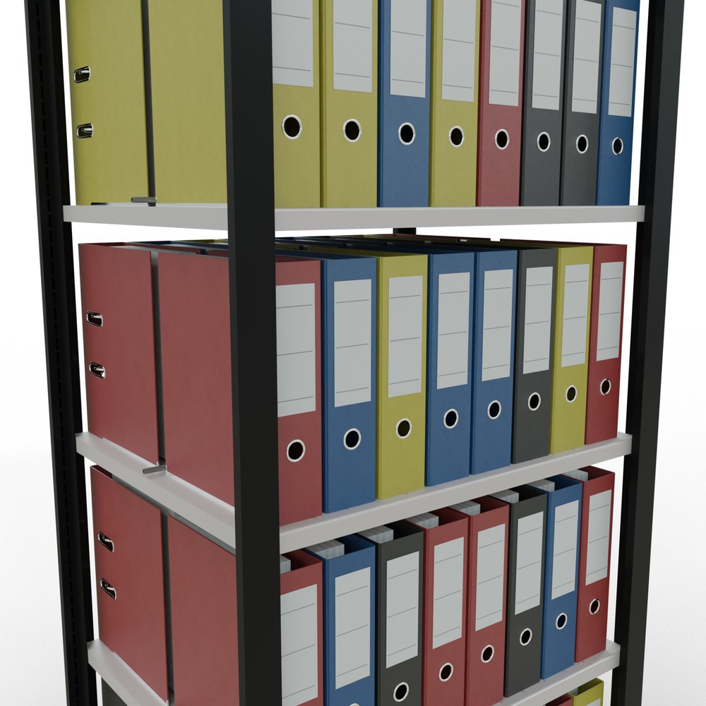 Immagine del prodotto n. 3: Scaffalatura per documenti SCHULTE campata base, a doppio fronte, con spondine centrali, portata per piano 150 kg, nero, HxLxP 2.000 x 750 x 600 mm